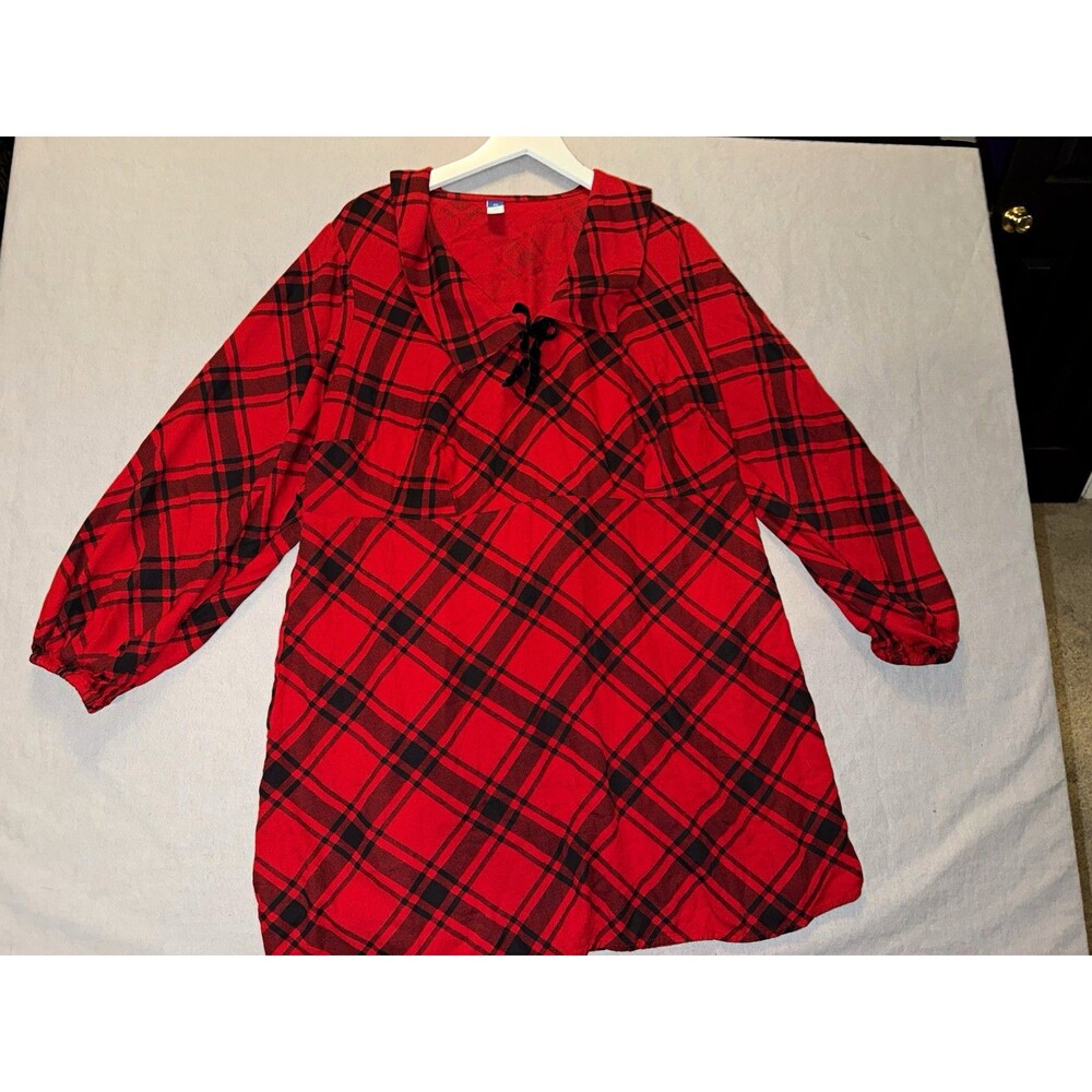 Old Navy Red/Black Plaid Shirt Dress V-Neck Tie Front Long Sleeve 2X